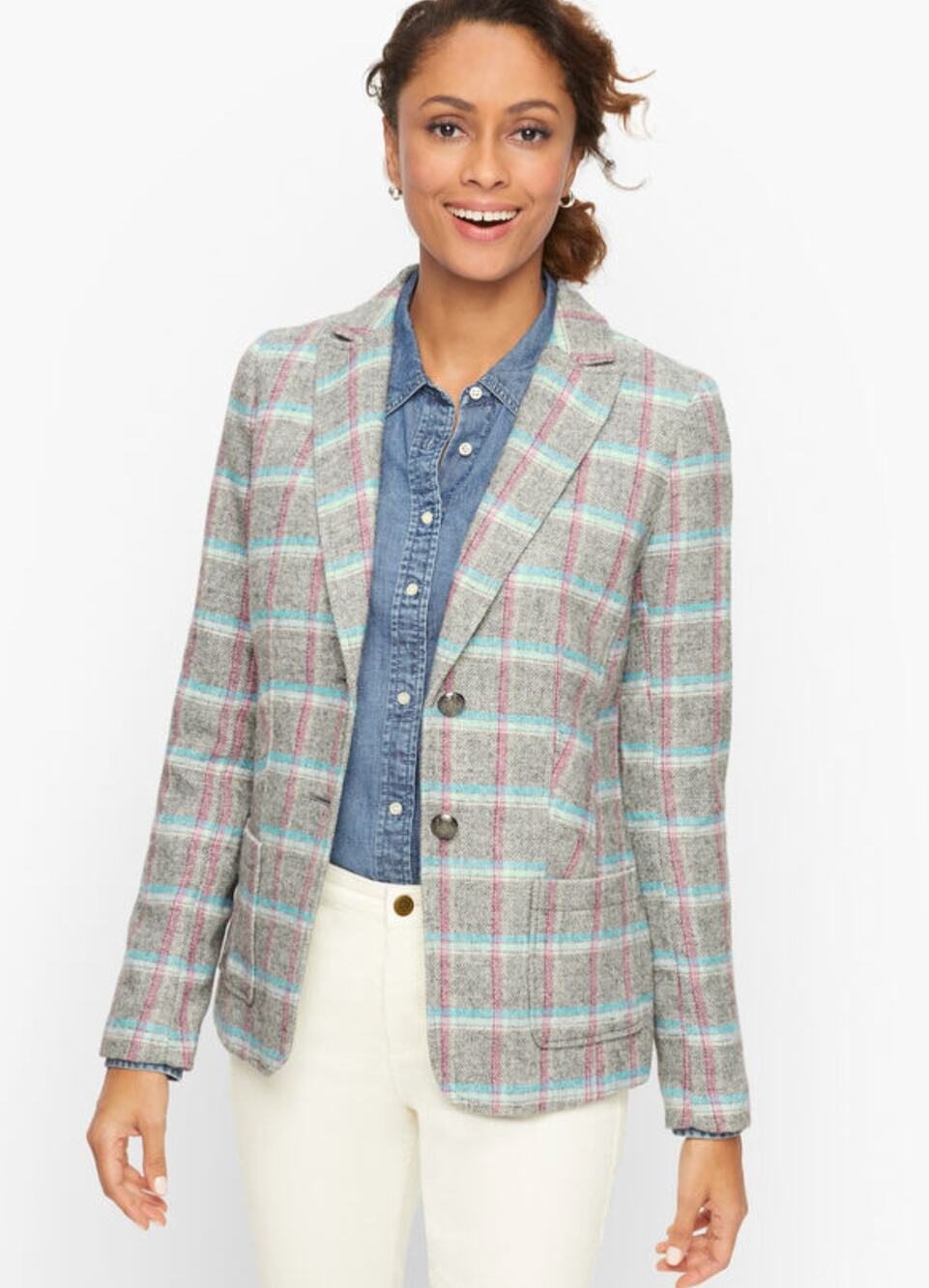 Talbots Womens 6 Petite Gray Pink Shetland Plaid Wool Blend Blazer Jacket NEW